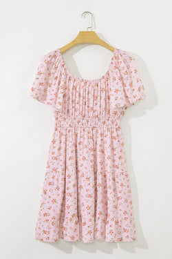 Pink Front Tie Shirred Waist Short Sleeve Ruffled Floral Mini Dress