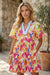 Rose Bright Floral Print Ricrac Trim Striped Patchwork V Neck Dress