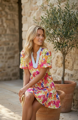 Rose Bright Floral Print Ricrac Trim Striped Patchwork V Neck Dress