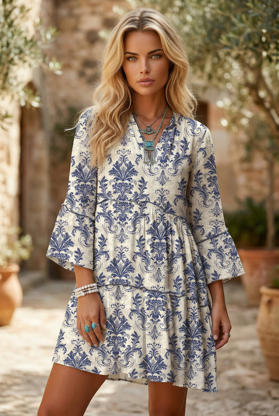 Mini abito con maniche a 3/4 con stampa floreale Boho azzurro cielo