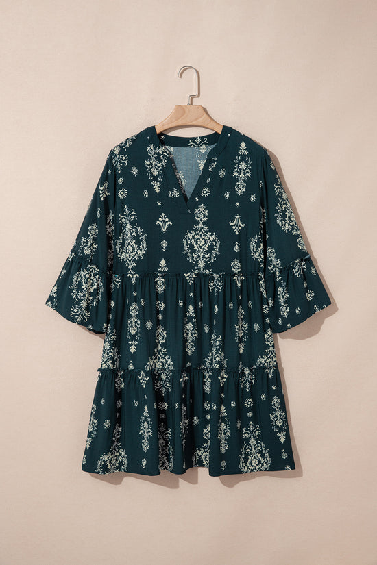 Sky Blue Boho Floral Print Lettuce Trim 3/4 Sleeve Mini Dress