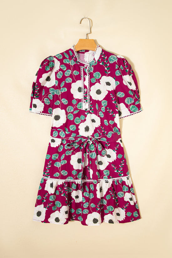 Red Floral Print Trimmed Short Puff Sleeve Mini Dress with Belt