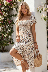 Beige Ditsy Floral Print Smocked Square Neck Ruffle Short Sleeve Dress