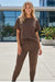 Brown Textured Loose Fit T Shirt and Drawstring Pants Set