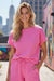 Strawberry Pink Textured Loose Fit T Shirt and Drawstring Pants Set