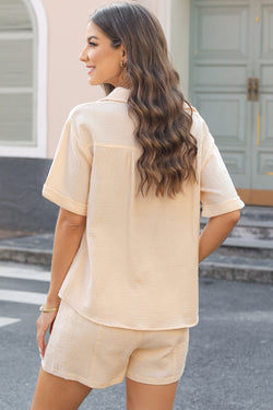 Chestnut Crinkle Textured Polo Shirt and High Waist Shorts Set