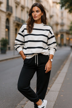 Black Stripe Drop Shoulder Pullover and Jogger Pants Set