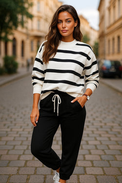 Black Stripe Drop Shoulder Pullover and Jogger Pants Set