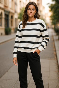Black Stripe Drop Shoulder Pullover and Jogger Pants Set