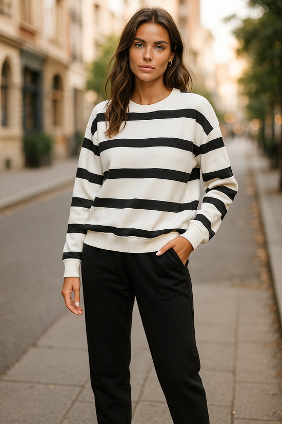 Black Stripe Drop Shoulder Pullover and Jogger Pants Set