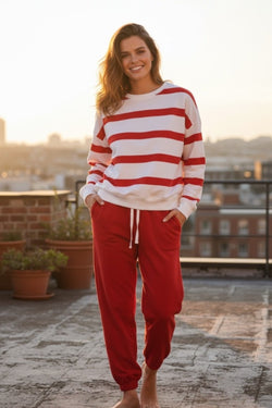 Red Stripe Drop Shoulder Pullover and Jogger Pants Set