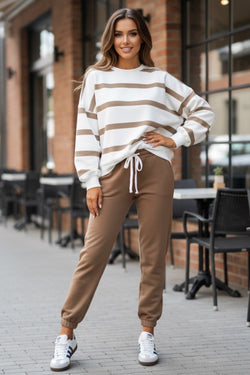 Light French Beige Drop Shoulder Pullover and Jogger Pants Set