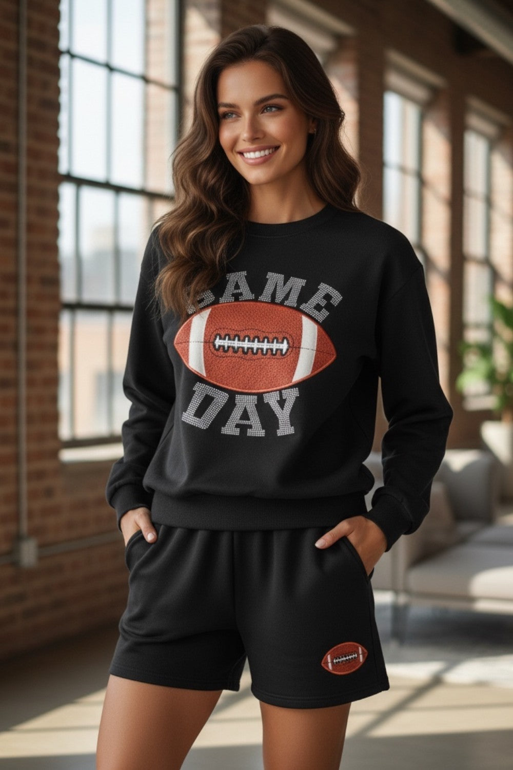 Black GAME DAY Rugby Football Graphic Pullover and Shorts Casual Outfit