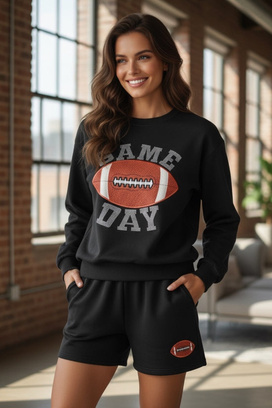 Black Game Day Rugby Football Graphic Pullover e Shorts Casual Roup