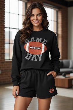 Black GAME DAY Rugby Football Graphic Pullover and Shorts Casual Outfit