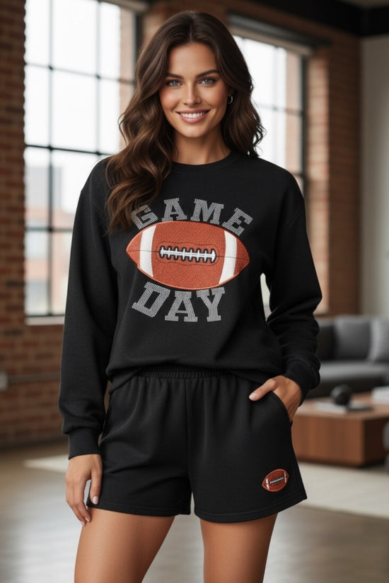 Black Game Day Rugby Football Graphic Pullover e Shorts Casual Roup