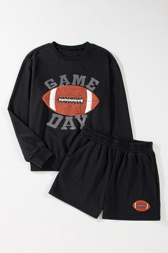 Black Game Day Rugby Football Graphic Pullover e Shorts Casual Roup