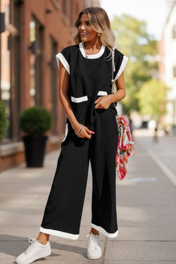 Black Color Block Pocketed T Shirt and Wide Leg Pants Set