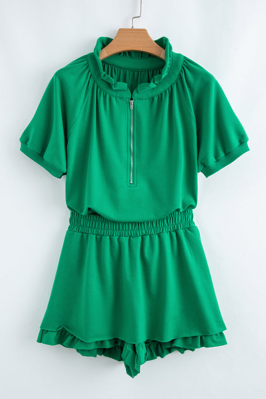 Sea Half Half Zip Puff Sleeve Top e Shorts Ruffled
