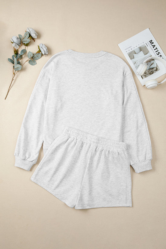 Ensemble court 2 pièces avec pull à manches bouffantes et nœud girly gris clair avec détails brodés