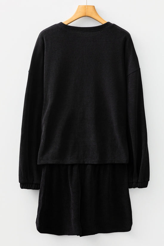 Ensemble short et pull à épaules tombantes en tricot texturé de couleur unie noir