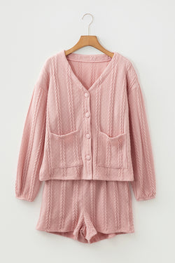 Conjunto de pantalones cortos tipo cárdigan con cuello en V y punto de ochos en rosa de Gossamer