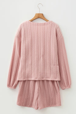 Conjunto de pantalones cortos tipo cárdigan con cuello en V y punto de ochos en rosa de Gossamer
