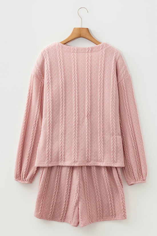 Ensemble short et cardigan en tricot torsadé rose Gossamer à col en V