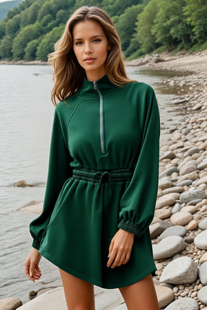 Col à collier vert noir à moitié zip français Terry Knit Swewistring Casual Romper