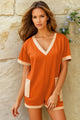 Russet Orange Two-tone Short Sleeve V Neck Patched Pocket Loose Romper