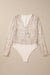 Beige Sequin Long Sleeve Wrap V Neck Bodysuit