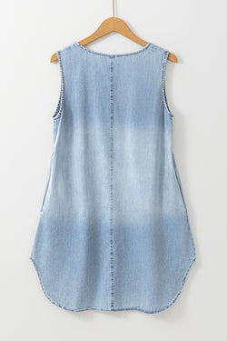 Beau Blue Light Lave Split Split Neck sin mangas Cambray Vestido