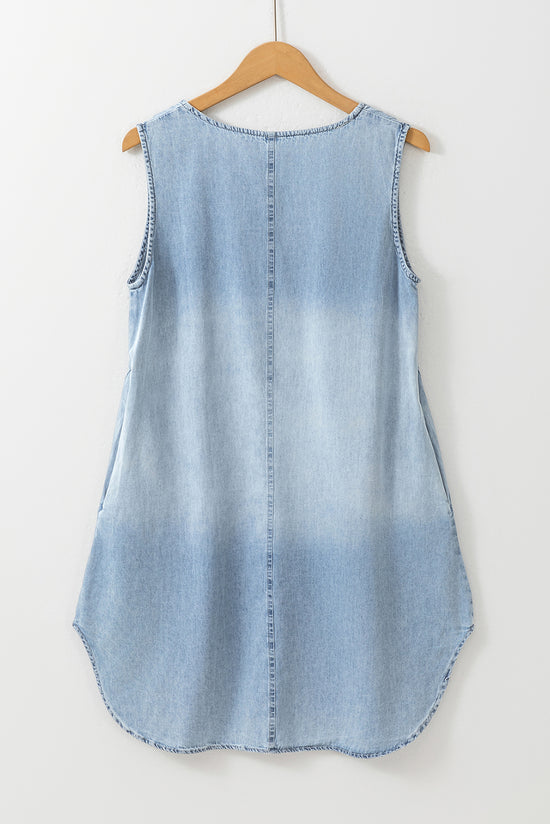 Beau Blue Light Lave Split Split Neck sin mangas Cambray Vestido