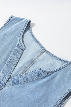 Beau Blue Light Lave Split Split Neck sin mangas Cambray Vestido
