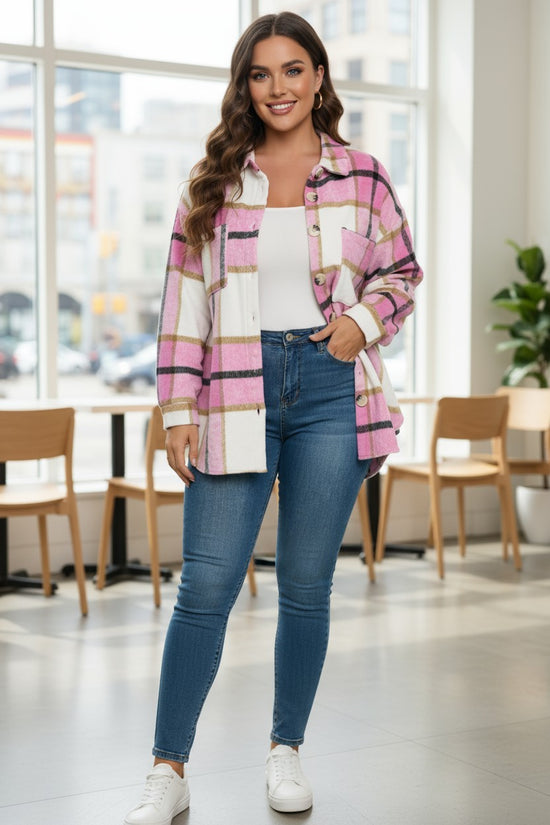 Pink Plaid Color Block Buttoned Long Sleeve Jacket with Pocket