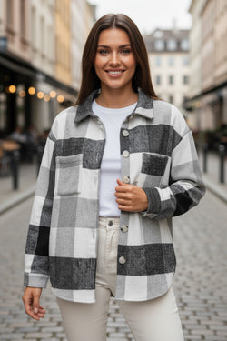 Pink Plaid Color Block Buttoned Long Sleeve Jacket with Pocket
