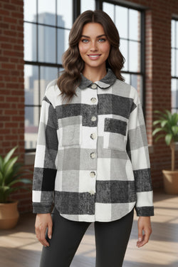Pink Plaid Color Block Buttoned Long Sleeve Jacket with Pocket