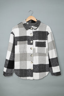 Pink Plaid Color Block Buttoned Long Sleeve Jacket with Pocket