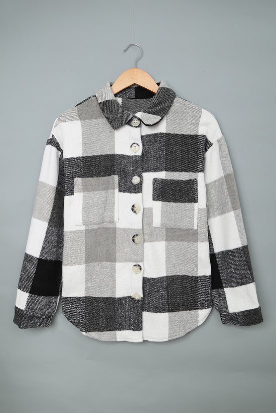 Pink Plaid Color Block Buttoned Long Sleeve Jacket with Pocket