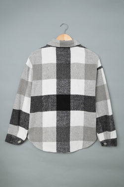 Pink Plaid Color Block Buttoned Long Sleeve Jacket with Pocket