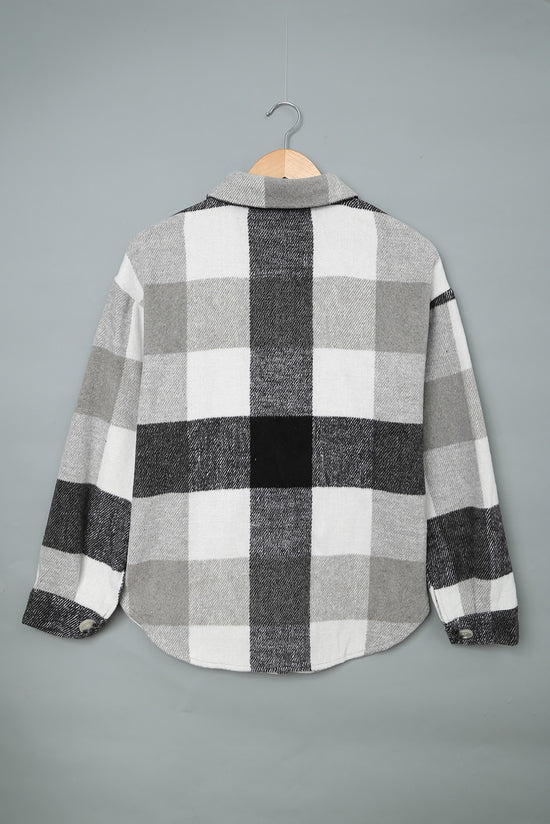 Pink Plaid Color Block Buttoned Long Sleeve Jacket with Pocket
