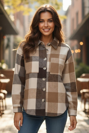 Khaki Plaid Color Block Buttoned Long Sleeve Jacket with Pocket
