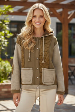 Beige Quilted Textured Patchwork Loose Fit Hooded Jacket
