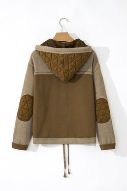 Beige Quilted Textured Patchwork Loose Fit Hooded Jacket