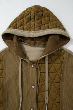 Beige Quilted Textured Patchwork Loose Fit Hooded Jacket