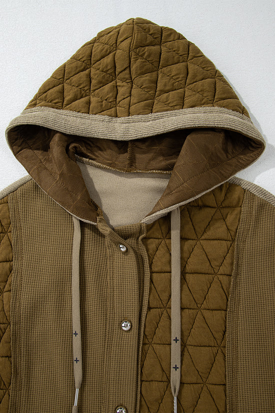 Beige Quilted Textured Patchwork Loose Fit Hooded Jacket