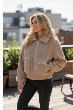 Light French Beige Zipper Pocketed Winter Fuzzy Jacket