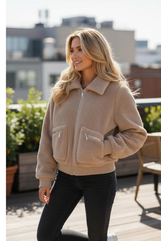 Light French Beige Zipper Pocketed Winter Fuzzy Jacket