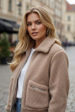 Light French Beige Zipper Pocketed Winter Fuzzy Jacket