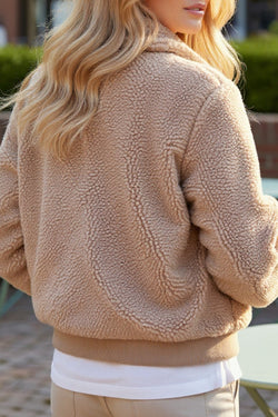 Light French Beige Zipper Pocketed Winter Fuzzy Jacket